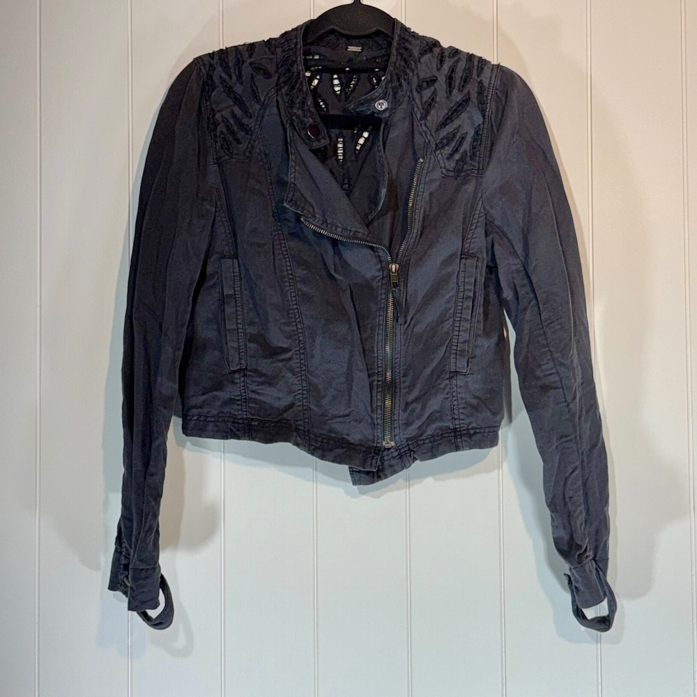 Free People Eyelet Moto Jacket Black Cotton Linen Asymmetric Zip Size 4